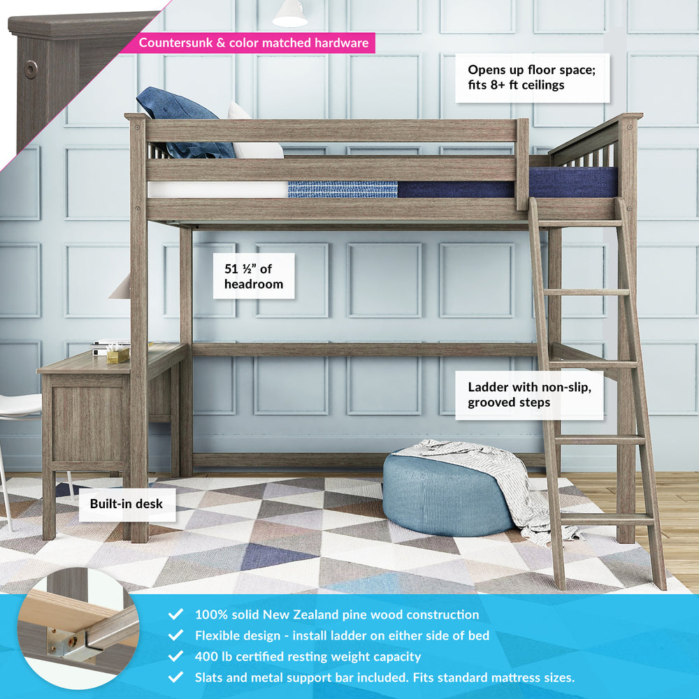 Max And Lily Twin High Loft Bed Clay Features Overview Max and Lily Twin High Loft Bed in clay - room view with feature callouts highlighting the built-in desk, headroom, non-slip ladder steps and weight capacity
