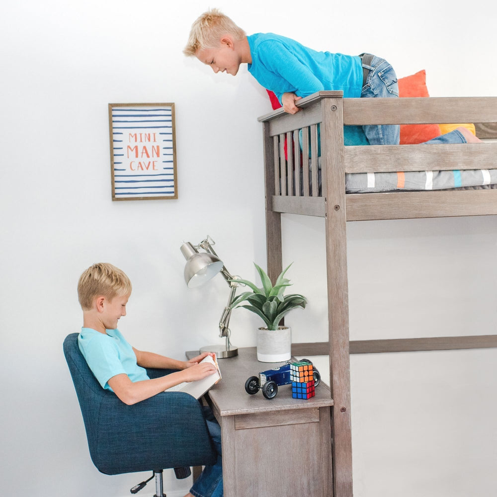Max And Lily Twin High Loft Bed Clay Kids Playing 55115 Max and Lily Twin High Loft Bed in clay - two boys using the bed, one climbing on top and one reading at the built-in desk below