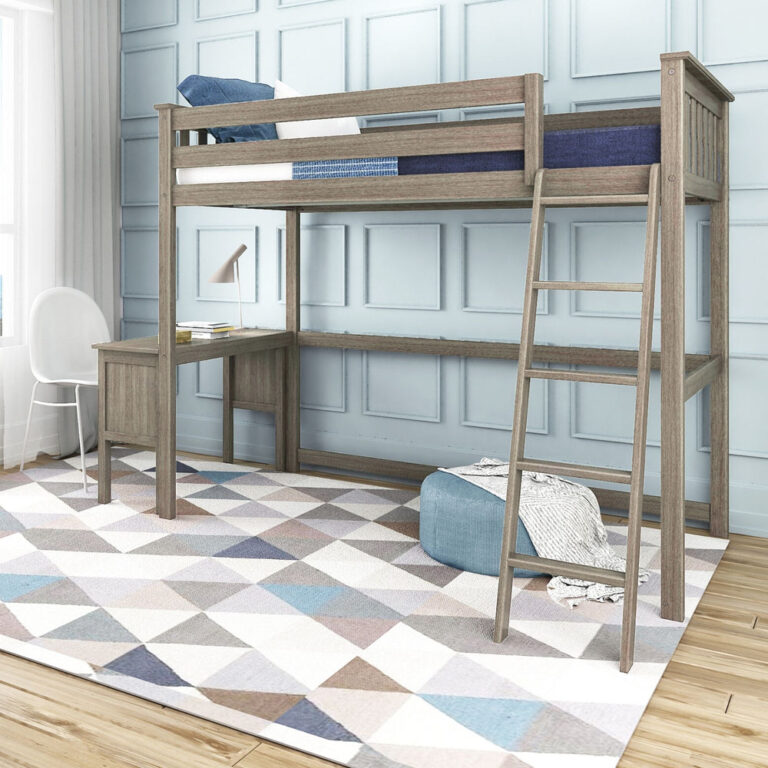 Max And Lily Twin High Loft Bed Clay Room Scene 1 Max and Lily Twin High Loft Bed in clay - angled room view showing the high loft bed with built-in desk, ladder and safety guardrails in a blue bedroom