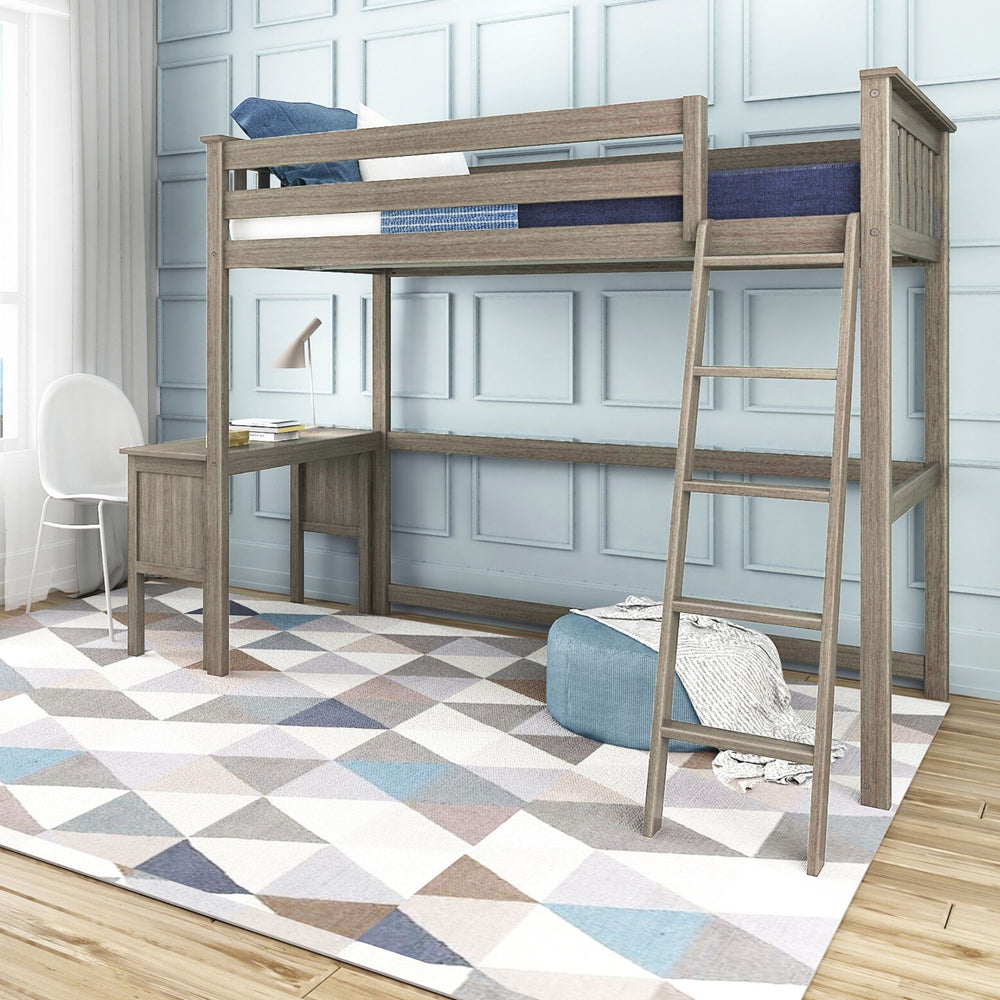 Max And Lily Twin High Loft Bed Clay Room Scene 1 Max and Lily Twin High Loft Bed in clay - angled room view showing the high loft bed with built-in desk, ladder and safety guardrails in a blue bedroom