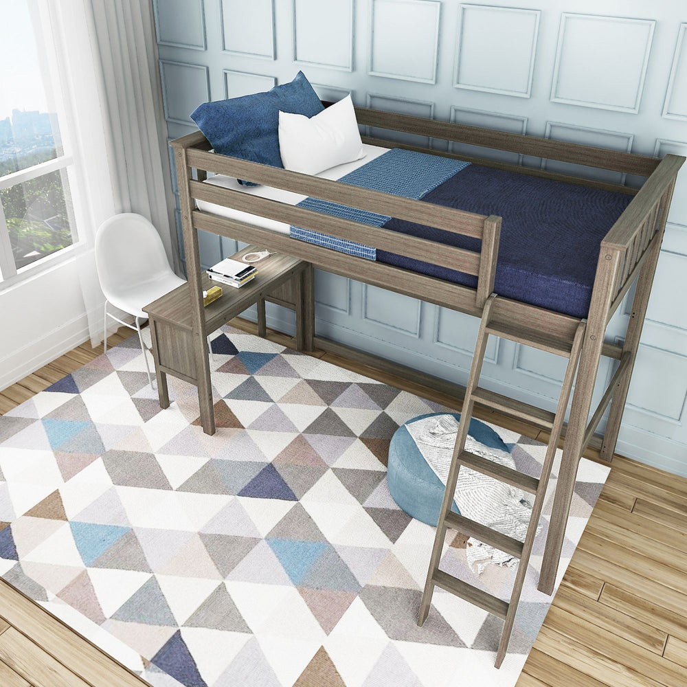 Max And Lily Twin High Loft Bed Clay Room Scene 5 Max and Lily Twin High Loft Bed in clay - overhead room view showing the loft bed with under-bed desk, chair and angled ladder