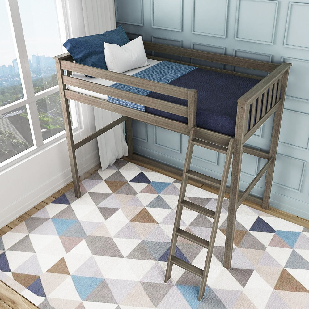 Max And Lily Twin High Loft Bed Clay Room Scene Max and Lily Twin High Loft Bed in Clay - styled loft bed with full-length safety guardrails and an angled ladder, dressed in navy bedding in a bedroom with a triangle-patterned rug and a window.