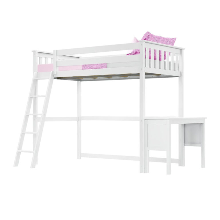 Max And Lily Twin High Loft Bed White Angle View 55129 Max and Lily Twin High Loft Bed in white - angled product view on a white background showing the ladder and built-in desk