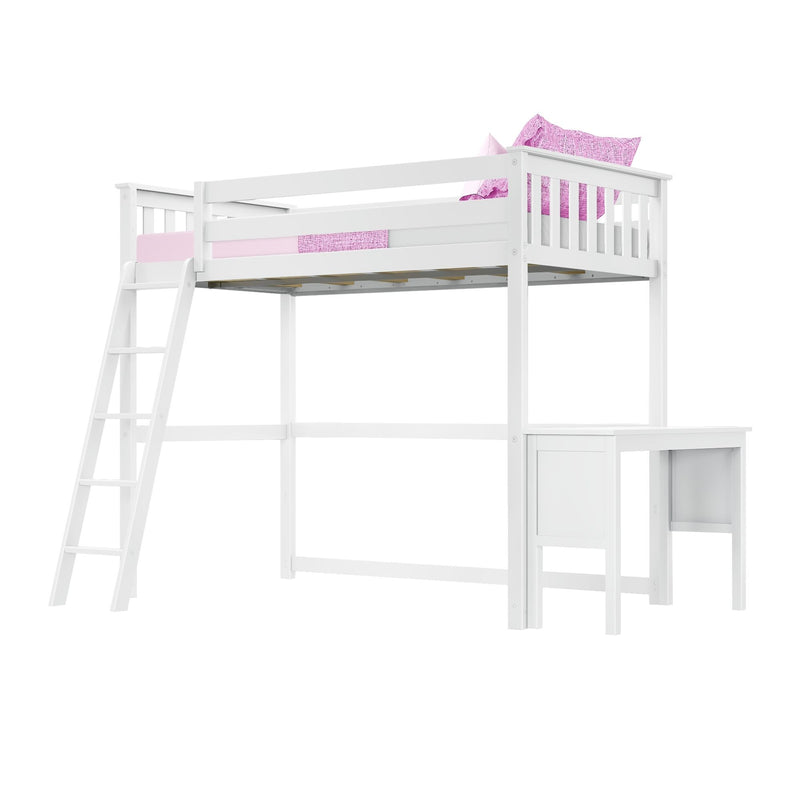 Max And Lily Twin High Loft Bed White Angle View 55129 Max and Lily Twin High Loft Bed in white - angled product view on a white background showing the ladder and built-in desk