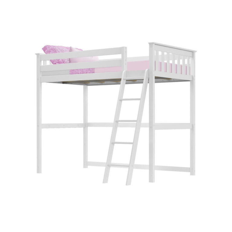 Max And Lily Twin High Loft Bed White Angle View Max and Lily Twin High Loft Bed in White - angled studio view of the loft bed showing the ladder, guardrails, and open space beneath.