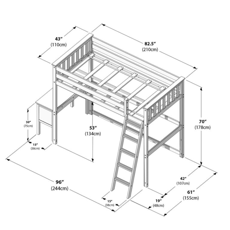 Max And Lily Twin High Loft Bed White Dimensions Diagram 55123 Max and Lily Twin High Loft Bed in white - dimensions diagram with measurements including 82.5 inch length and 70 inch height