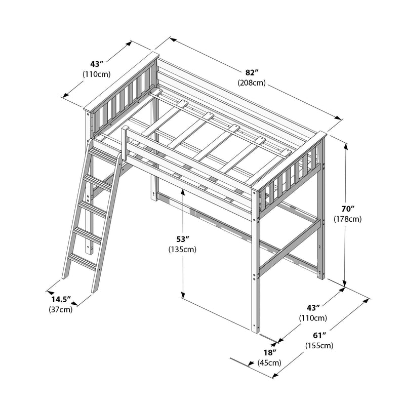 Max And Lily Twin High Loft Bed White Dimensions Diagram Max and Lily Twin High Loft Bed in white - dimensions diagram showing the length, width, and height measurements of the loft bed.