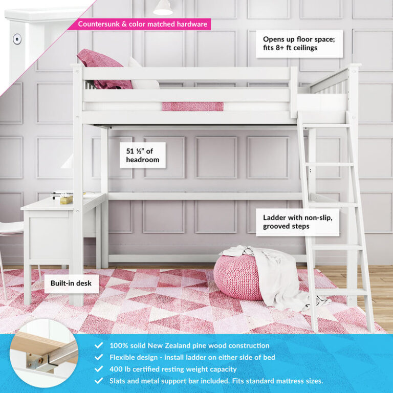 Max And Lily Twin High Loft Bed White Features Diagram 55130 Max and Lily Twin High Loft Bed in white - annotated feature diagram highlighting 51.5 inches of headroom, built-in desk, non-slip grooved ladder, and 400 lb weight capacity