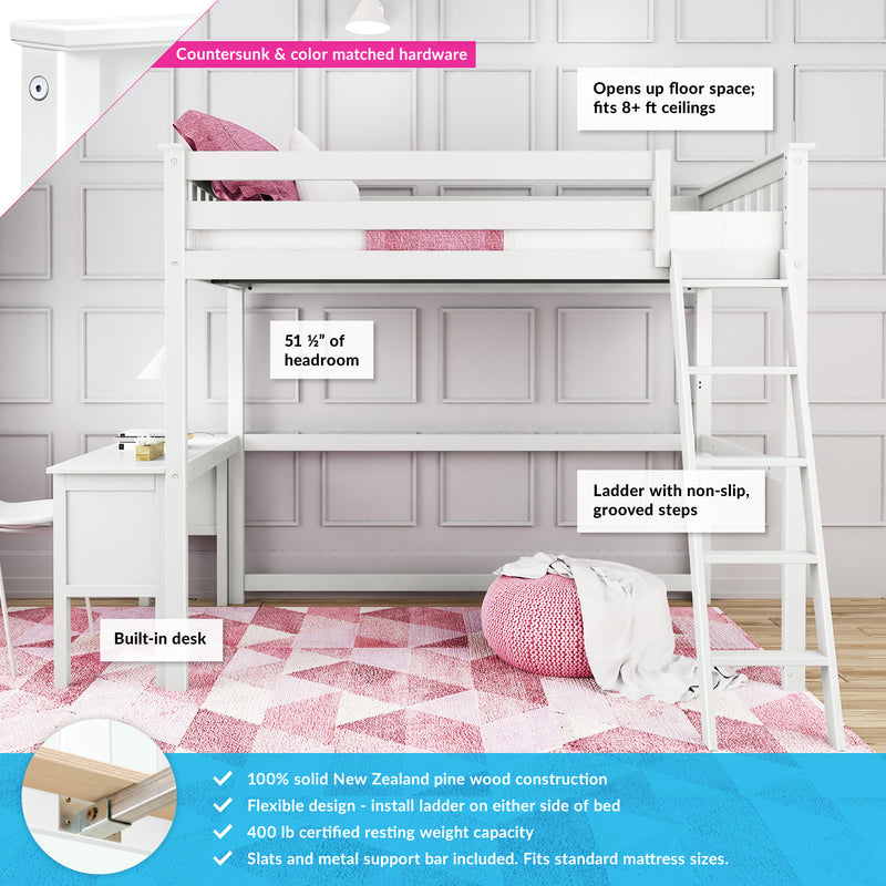 Max And Lily Twin High Loft Bed White Features Diagram 55130 Max and Lily Twin High Loft Bed in white - annotated feature diagram highlighting 51.5 inches of headroom, built-in desk, non-slip grooved ladder, and 400 lb weight capacity