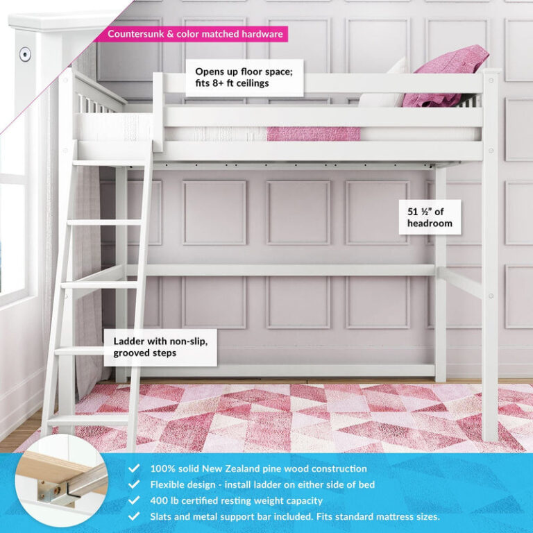 Max And Lily Twin High Loft Bed White Features Diagram Max and Lily Twin High Loft Bed in White - diagram highlighting headroom under the bed, non-slip ladder steps, weight capacity, and solid pine construction.