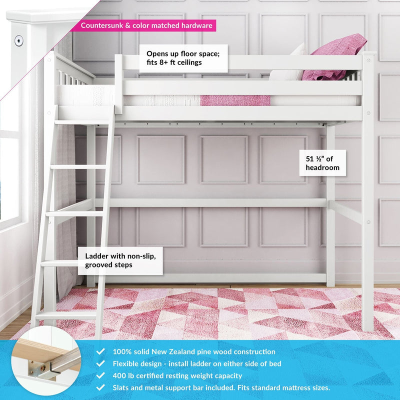 Max And Lily Twin High Loft Bed White Features Diagram Max and Lily Twin High Loft Bed in White - diagram highlighting headroom under the bed, non-slip ladder steps, weight capacity, and solid pine construction.