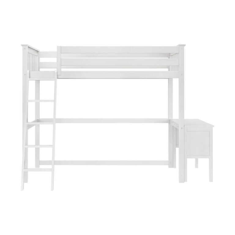 Max And Lily Twin High Loft Bed White Front View 55128 Max and Lily Twin High Loft Bed in white - front view on a white background showing the guardrails, ladder, and built-in desk