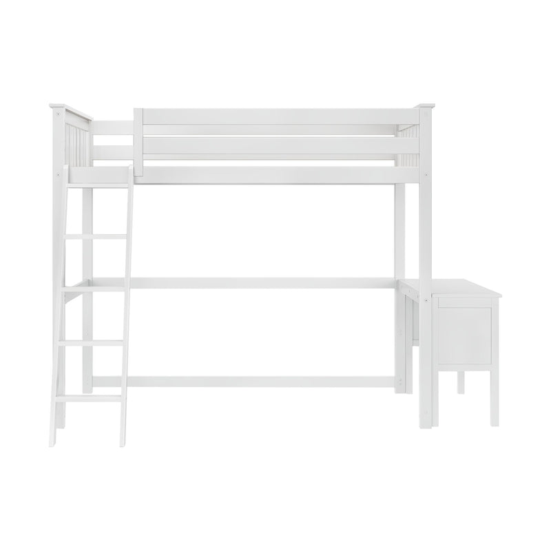 Max And Lily Twin High Loft Bed White Front View 55128 Max and Lily Twin High Loft Bed in white - front view on a white background showing the guardrails, ladder, and built-in desk