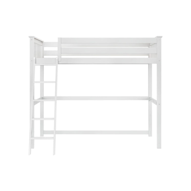Max And Lily Twin High Loft Bed White Front View Max and Lily Twin High Loft Bed in White - front view showing the full-length guardrail, ladder, and tall open area underneath.