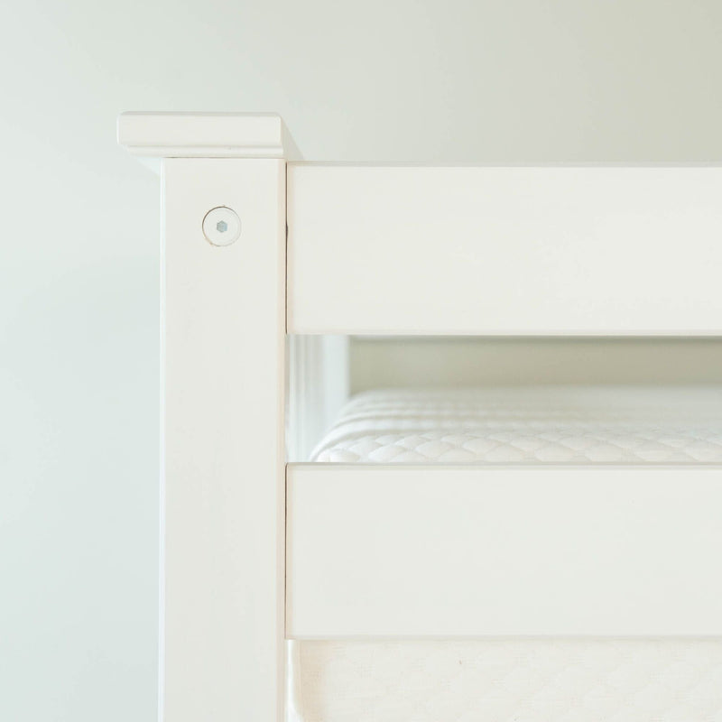 Max And Lily Twin High Loft Bed White Hardware Detail Max and Lily Twin High Loft Bed in White - close-up of the corner post cap, guardrail, and countersunk color-matched hardware.