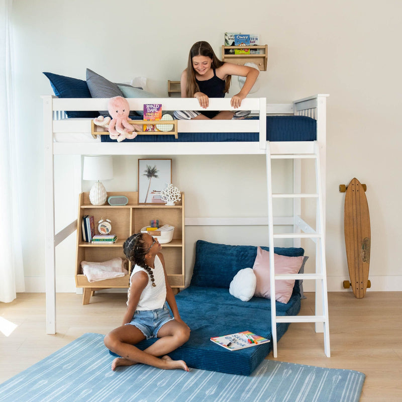 Max And Lily Twin High Loft Bed White Kids Playing Max and Lily Twin High Loft Bed in White - two children on and beside the loft bed in a bright bedroom with a bookshelf and floor cushions.