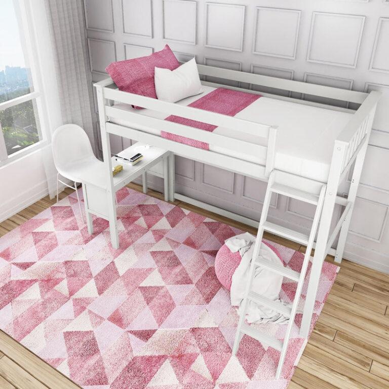 Max And Lily Twin High Loft Bed White Overhead Room Scene Max and Lily Twin High Loft Bed in white - overhead view in a bedroom with the built-in desk, chair, and pink rug