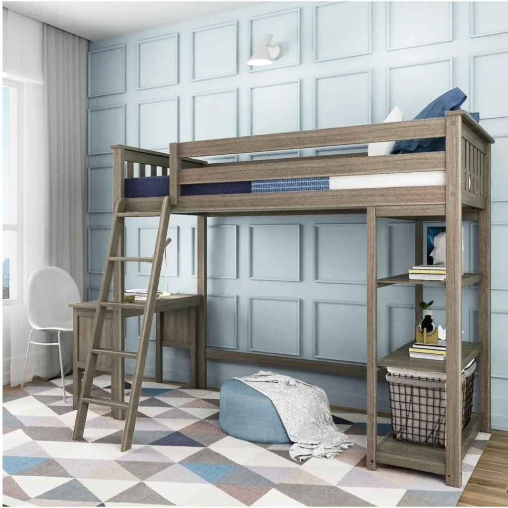 Max and Lily Twin High Loft Bed With Bookcase And Desk in Clay - loft bed in a styled kids bedroom with built-in desk, bookcase shelves, angled ladder and safety guardrails