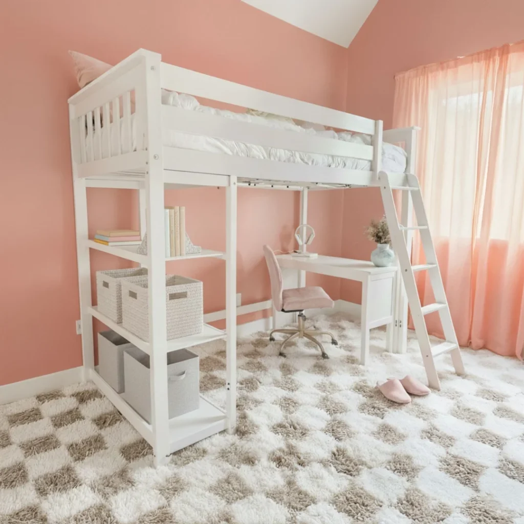 Max and Lily Twin High Loft Bed With Bookcase And Desk in White - loft bed with safety guardrails, corner desk, bookcase shelves holding storage baskets and angled ladder in a pink bedroom