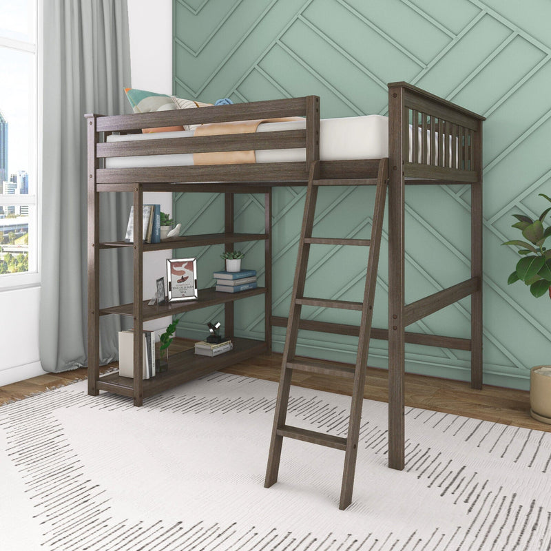 Max and Lily Twin High Loft Bed With Bookcase in Clay - angled view in a green panelled bedroom showing the ladder, tall safety guardrails, and open bookcase shelving beneath the loft