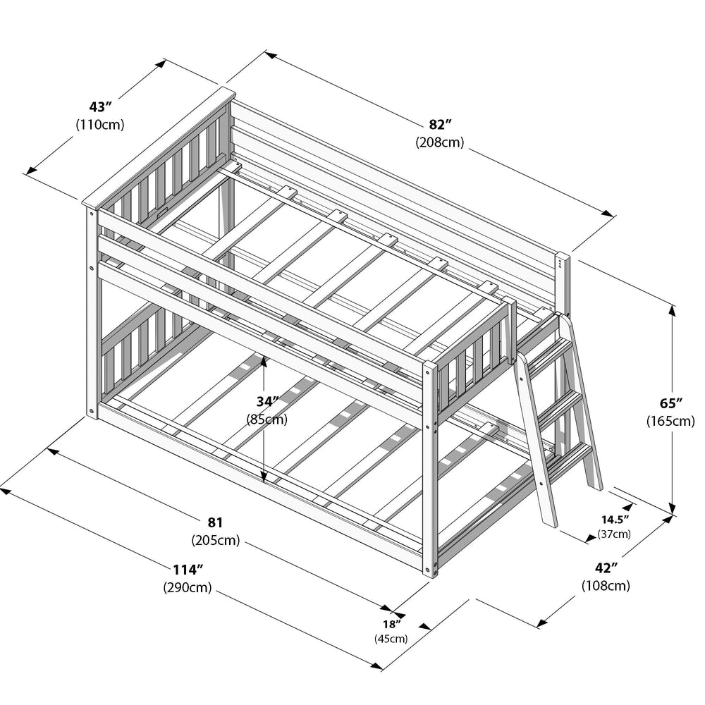 Max And Lily Twin Low Bunk Bed With Ladder On End Clay Dimensions Diagram Max And Lily Twin Low Bunk Bed with Ladder on End - dimensions diagram showing overall height, width, length and under-bed clearance in inches and centimeters.
