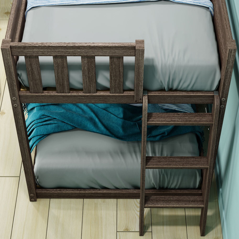 Max And Lily Twin Low Bunk Bed With Ladder On End Clay Ladder Detail Max And Lily Twin Low Bunk Bed with Ladder on End in clay - close-up of the end ladder and slatted guardrail.
