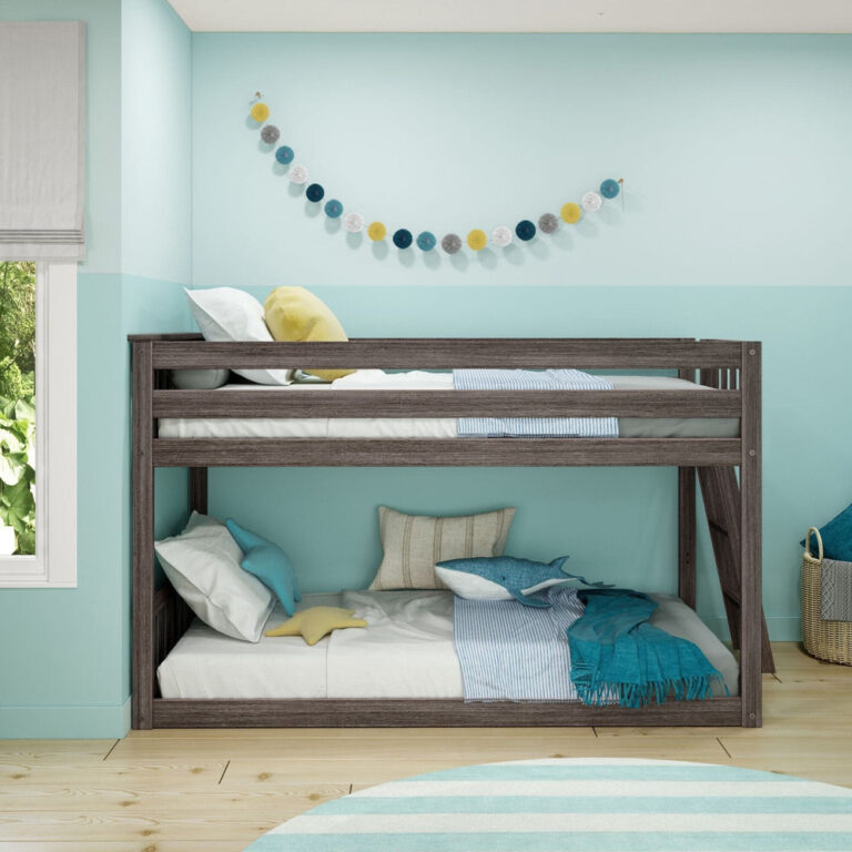 Max And Lily Twin Low Bunk Bed With Ladder On End Clay Room Scene 2 Max And Lily Twin Low Bunk Bed with Ladder on End in clay - styled in a kids' bedroom with safety guardrails and coordinated bedding.