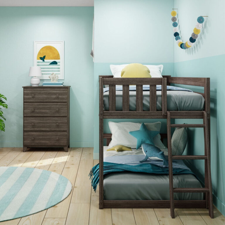 Max And Lily Twin Low Bunk Bed With Ladder On End Clay Room Scene 5 Max And Lily Twin Low Bunk Bed with Ladder on End in clay - angled room view beside a matching dresser with the ladder mounted on the end.