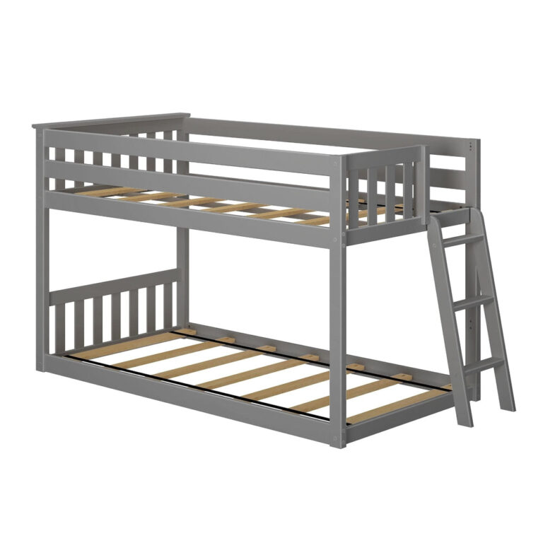 Max And Lily Twin Low Bunk Bed With Ladder On End Grey Angle View Max And Lily Twin Low Bunk Bed with Ladder on End in Grey - three-quarter studio view on a white background showing the wooden slats, guardrails and end ladder.