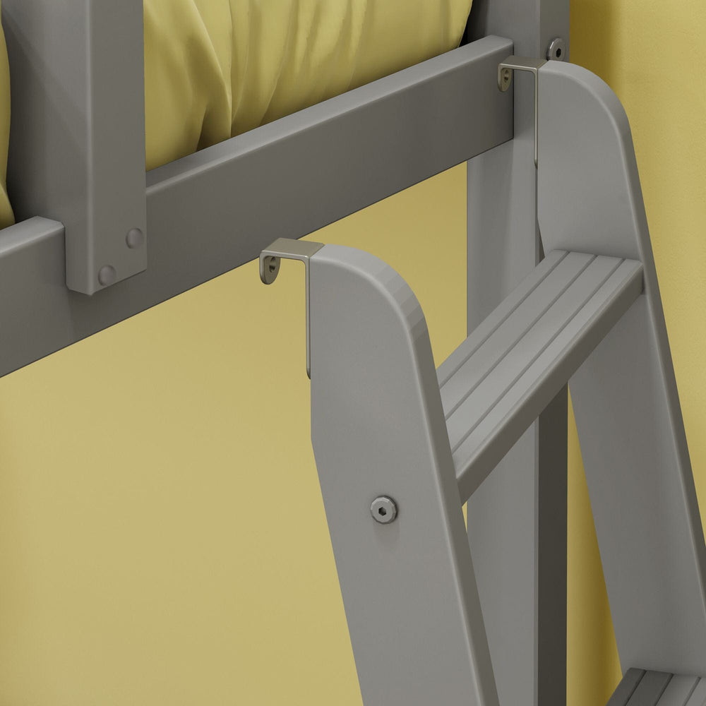 Max And Lily Twin Low Bunk Bed With Ladder On End Grey Ladder Detail 4 Max And Lily Twin Low Bunk Bed with Ladder on End in Grey - close-up of the metal hook brackets and step where the ladder attaches to the bunk frame.