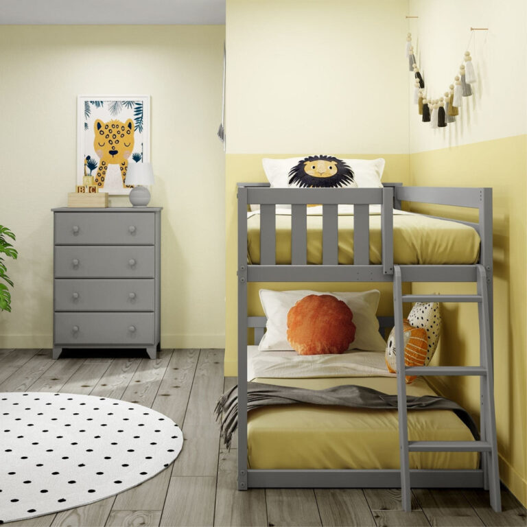 Max And Lily Twin Low Bunk Bed With Ladder On End Grey Room Scene 6 Max And Lily Twin Low Bunk Bed with Ladder on End in Grey - the low bunk styled in a bedroom beside a matching grey dresser with wall art and decor.