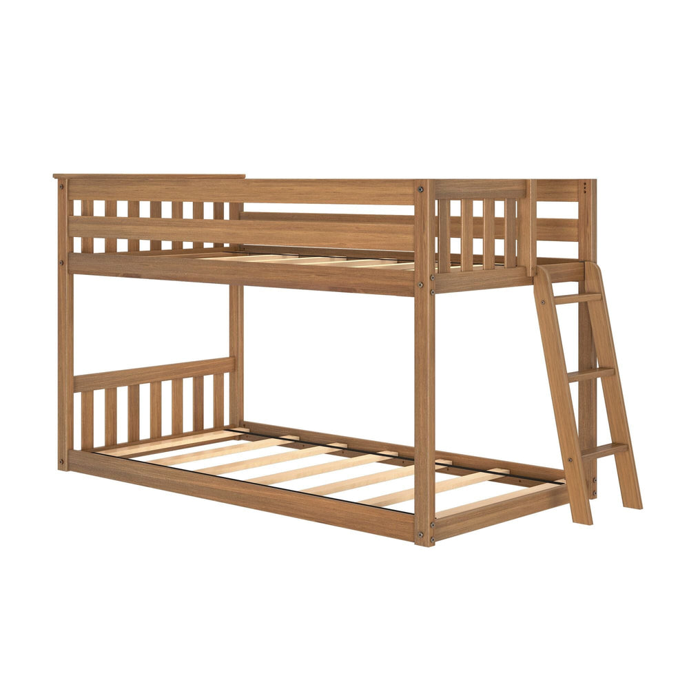 Max And Lily Twin Low Bunk Bed With Ladder On End Pecan Angle View Max And Lily Twin Low Bunk Bed with Ladder on End in Pecan - three-quarter angle product view on a white background showing the slat bases and end-mounted ladder.