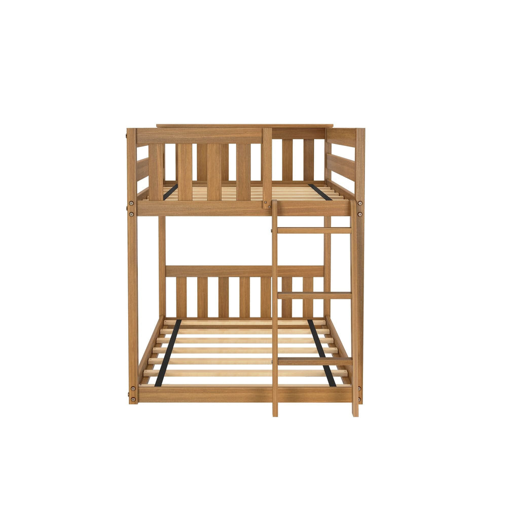 Max And Lily Twin Low Bunk Bed With Ladder On End Pecan Front View Max And Lily Twin Low Bunk Bed with Ladder on End in Pecan - end-on product view on a white background with the ladder centered between the two bunk levels.