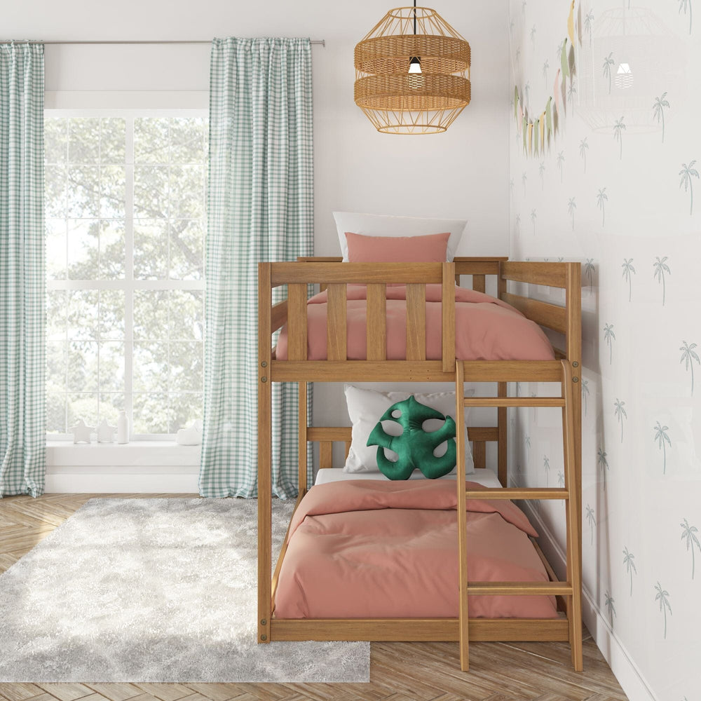 Max And Lily Twin Low Bunk Bed With Ladder On End Pecan Room Scene 6 Max And Lily Twin Low Bunk Bed with Ladder on End in Pecan - styled in a bright kids room with gingham curtains showing the low-height stacked bunks and end ladder.