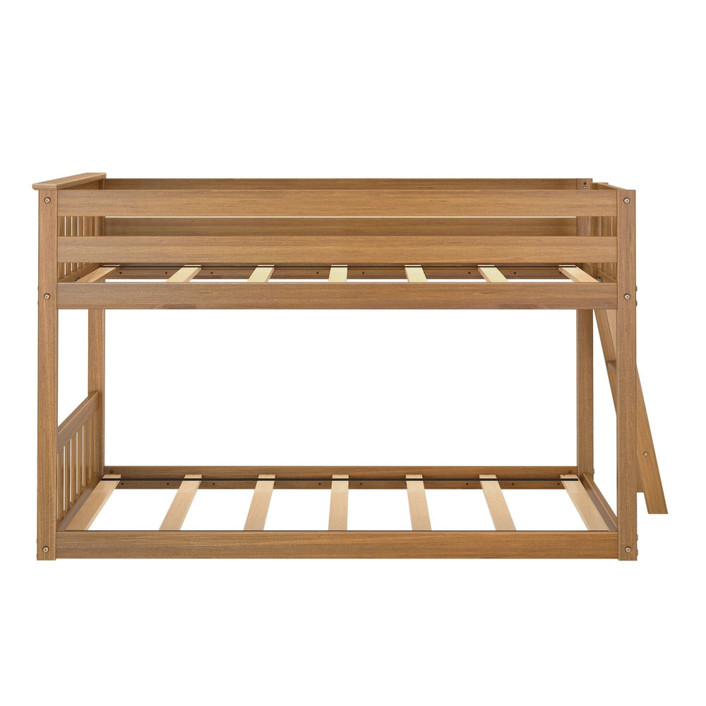 Max And Lily Twin Low Bunk Bed With Ladder On End Pecan Side View Max And Lily Twin Low Bunk Bed with Ladder on End in Pecan - side profile product view on a white background showing the exposed slat supports and safety guardrails.