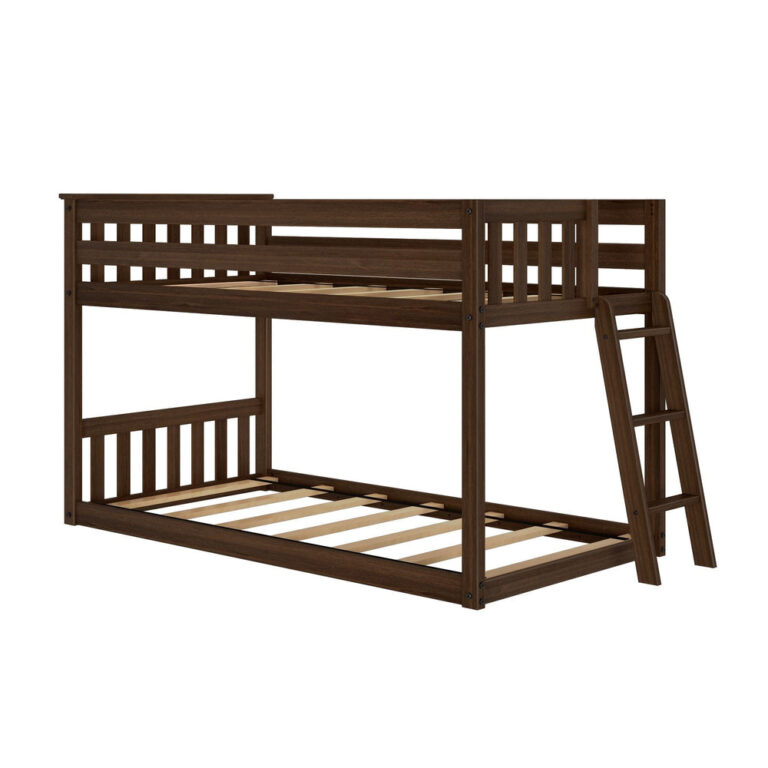 Max And Lily Twin Low Bunk Bed With Ladder On End Walnut Angle View Max And Lily Twin Low Bunk Bed with Ladder on End in Walnut - angled product view showing the end ladder, slatted supports, and safety guardrails.
