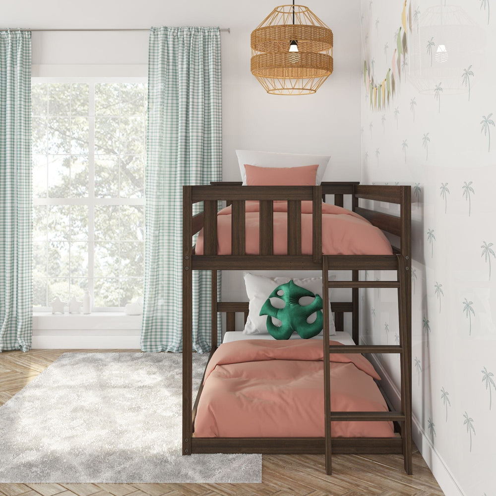 Max And Lily Twin Low Bunk Bed With Ladder On End Walnut Room Scene 6 Max And Lily Twin Low Bunk Bed with Ladder on End in Walnut - angled room view showing the compact low-bunk design with the ladder on the end.