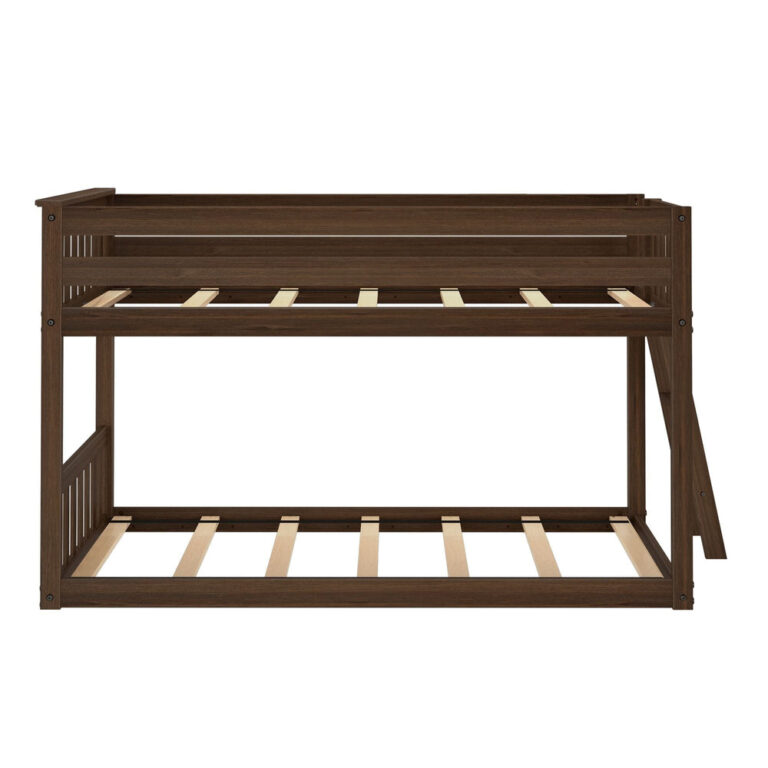 Max And Lily Twin Low Bunk Bed With Ladder On End Walnut Slat Detail Max And Lily Twin Low Bunk Bed with Ladder on End in Walnut - front product view showing the wooden mattress slats and the top-bunk guardrail.