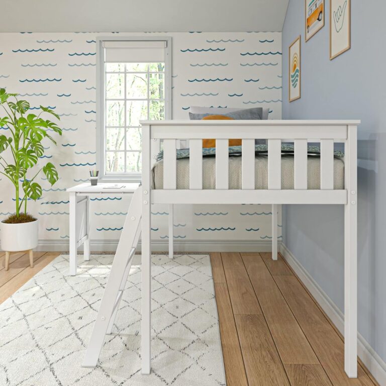 Max and Lily Twin Low Loft Bed In White With Desk - low loft bed with a ladder and an attached study desk underneath in a styled bedroom