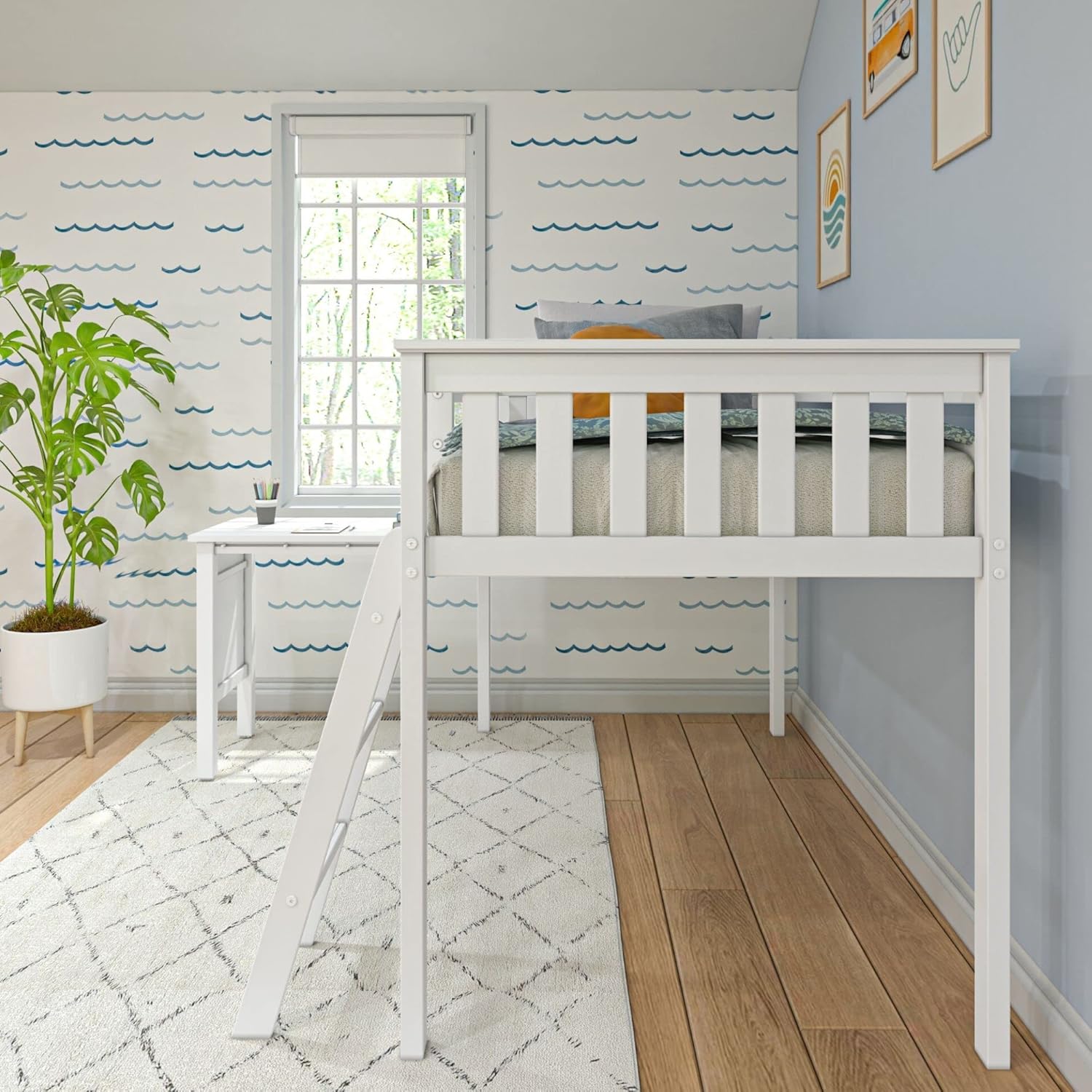 Max and Lily Twin Low Loft Bed In White With Desk - low loft bed with a ladder and an attached study desk underneath in a styled bedroom