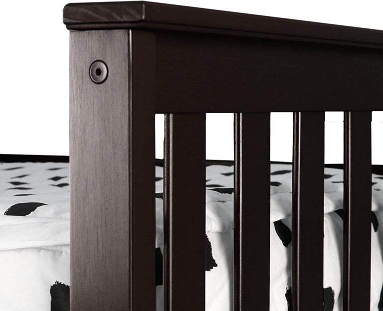 Max And Lily Twin Low Loft Bed With Curtain In Espresso Guardrail Detail Max and Lily Twin Low Loft Bed with Curtain In Espresso - close-up of the solid wood corner post and slatted safety guardrail above the mattress