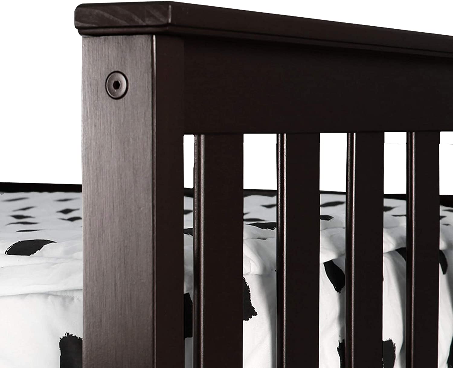 Max And Lily Twin Low Loft Bed With Curtain In Espresso Guardrail Detail Max and Lily Twin Low Loft Bed with Curtain In Espresso - close-up of the solid wood corner post and slatted safety guardrail above the mattress