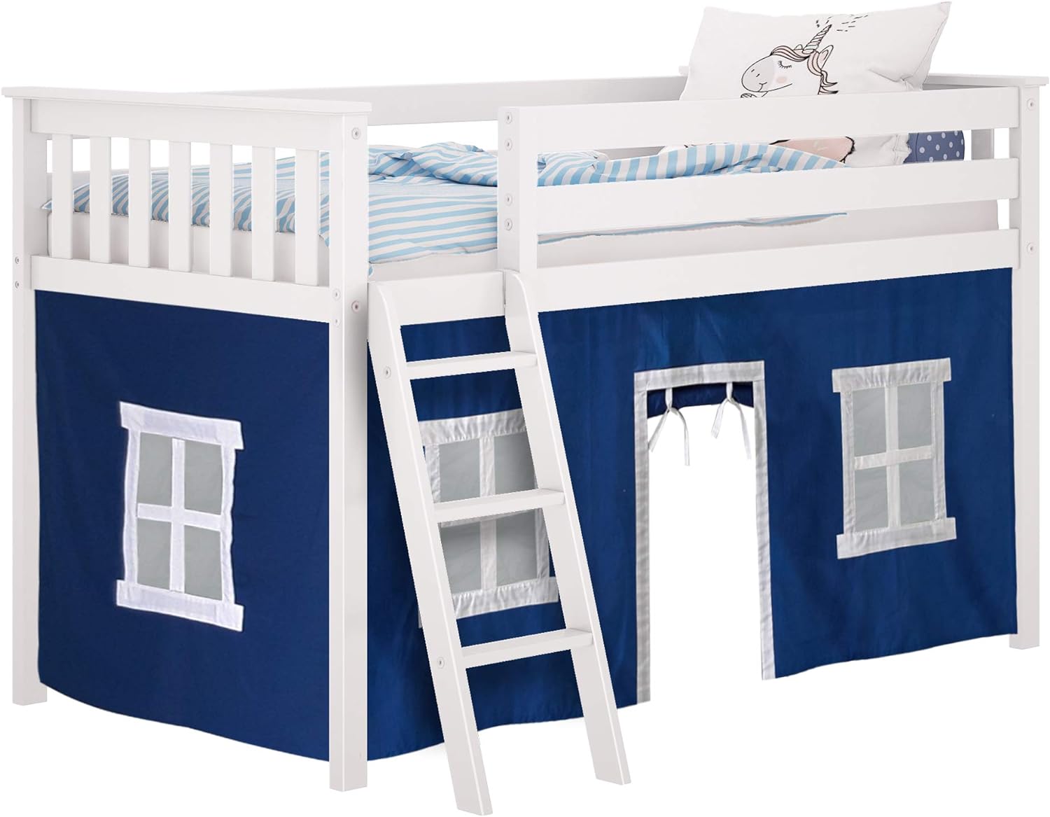 Max and Lily Twin Low Loft Bed - angled view of the white frame with blue and white play tent, front windows, and angled ladder.