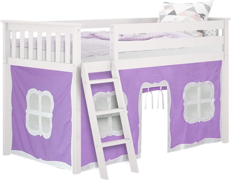 Max And Lily Twin Low Loft Bed With Ladder And Curtains Angle View 9 Max and Lily Twin Low Loft Bed - angled view of the white frame with a purple and white play tent, decorative windows, and angled ladder.