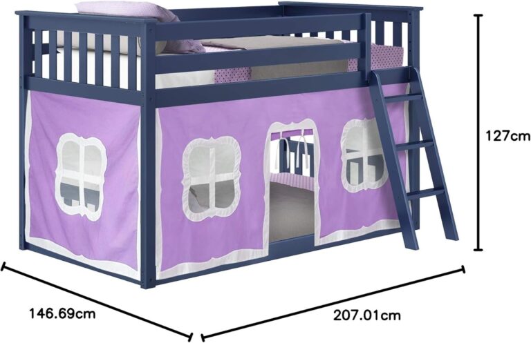 Max And Lily Twin Low Loft Bed With Ladder And Curtains Dimensions Diagram 10 Max and Lily Twin Low Loft Bed - diagram of the blue frame with purple play tent showing dimensions of 127 cm tall, 146.69 cm wide, and 207.01 cm long.