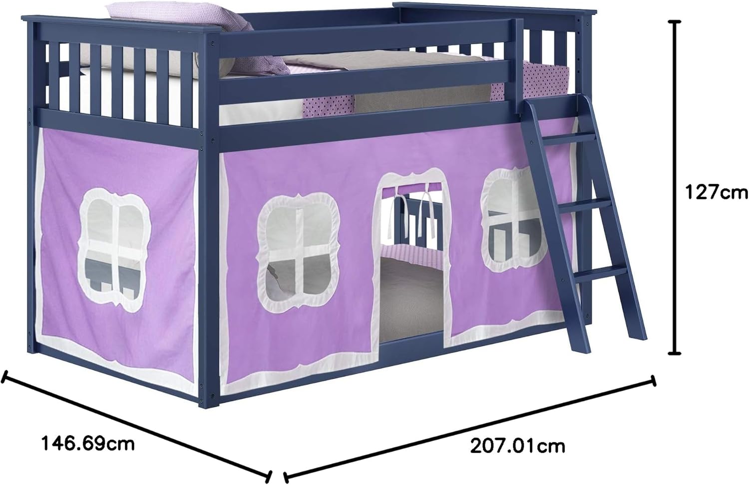 Max and Lily Twin Low Loft Bed - diagram of the blue frame with purple play tent showing dimensions of 127 cm tall, 146.69 cm wide, and 207.01 cm long.