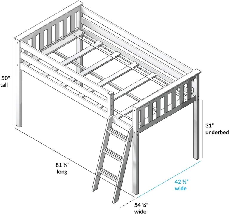 Max And Lily Twin Low Loft Bed With Ladder And Curtains Dimensions Diagram 4 Max and Lily Twin Low Loft Bed - line-drawing diagram with dimensions of 50 inches tall, 81 1/2 inches long, 42 1/2 inches wide, and 31 inches of under-bed clearance.
