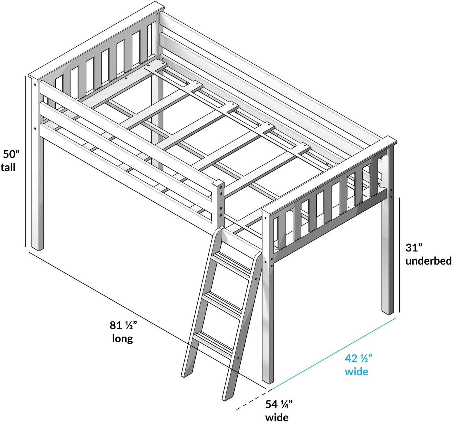 Max and Lily Twin Low Loft Bed - line-drawing diagram with dimensions of 50 inches tall, 81 1/2 inches long, 42 1/2 inches wide, and 31 inches of under-bed clearance.