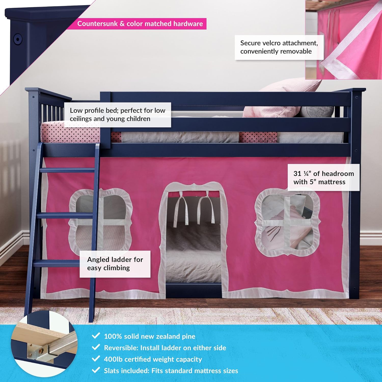 Max and Lily Twin Low Loft Bed - feature callouts on a navy frame with pink play tent noting the low profile design, 31 1/4 inches of headroom, angled ladder, and velcro-attached removable tent.