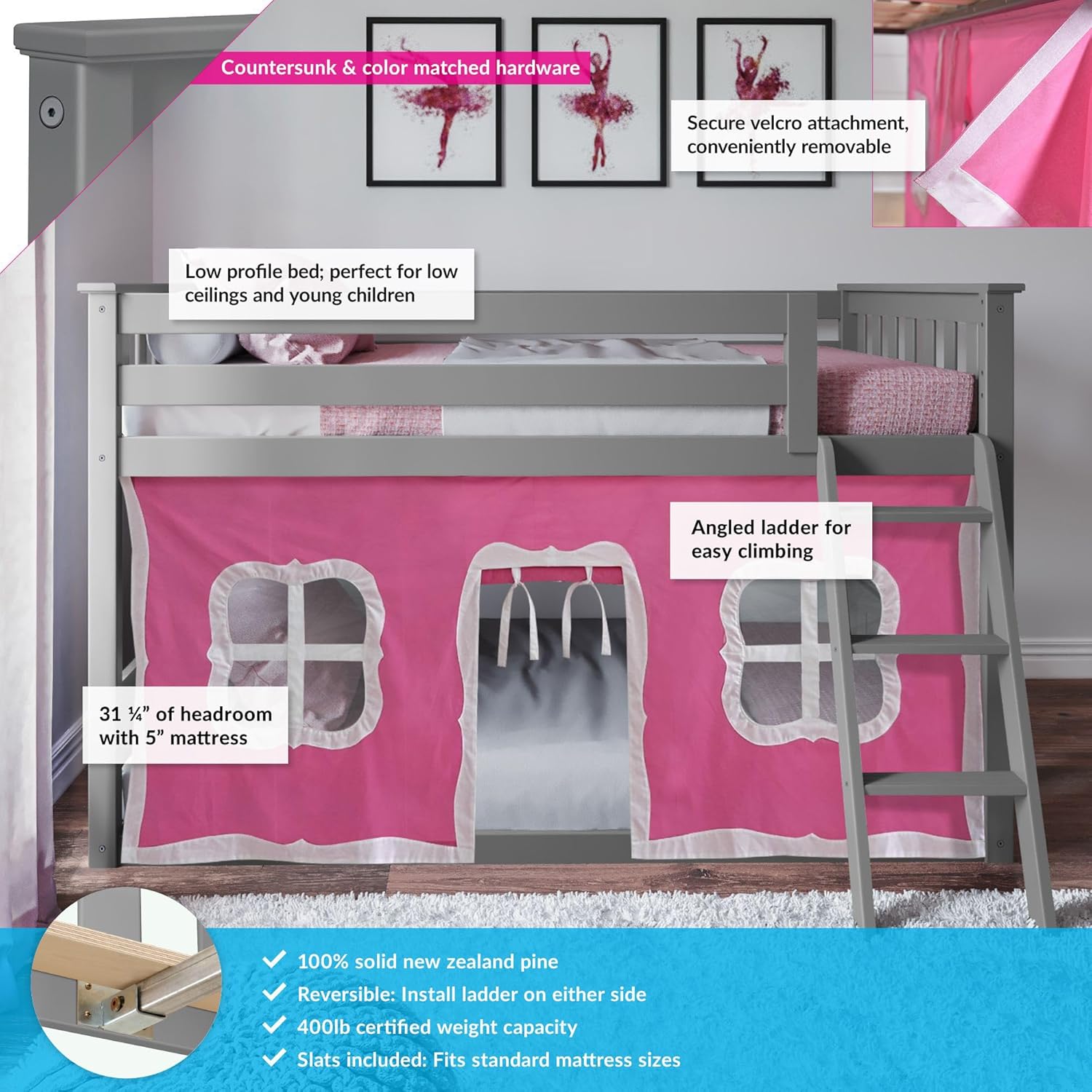 Max and Lily Twin Low Loft Bed - feature callouts on a grey frame with pink play tent noting the low profile design, 31 1/4 inches of headroom, angled ladder, and velcro-attached removable tent.